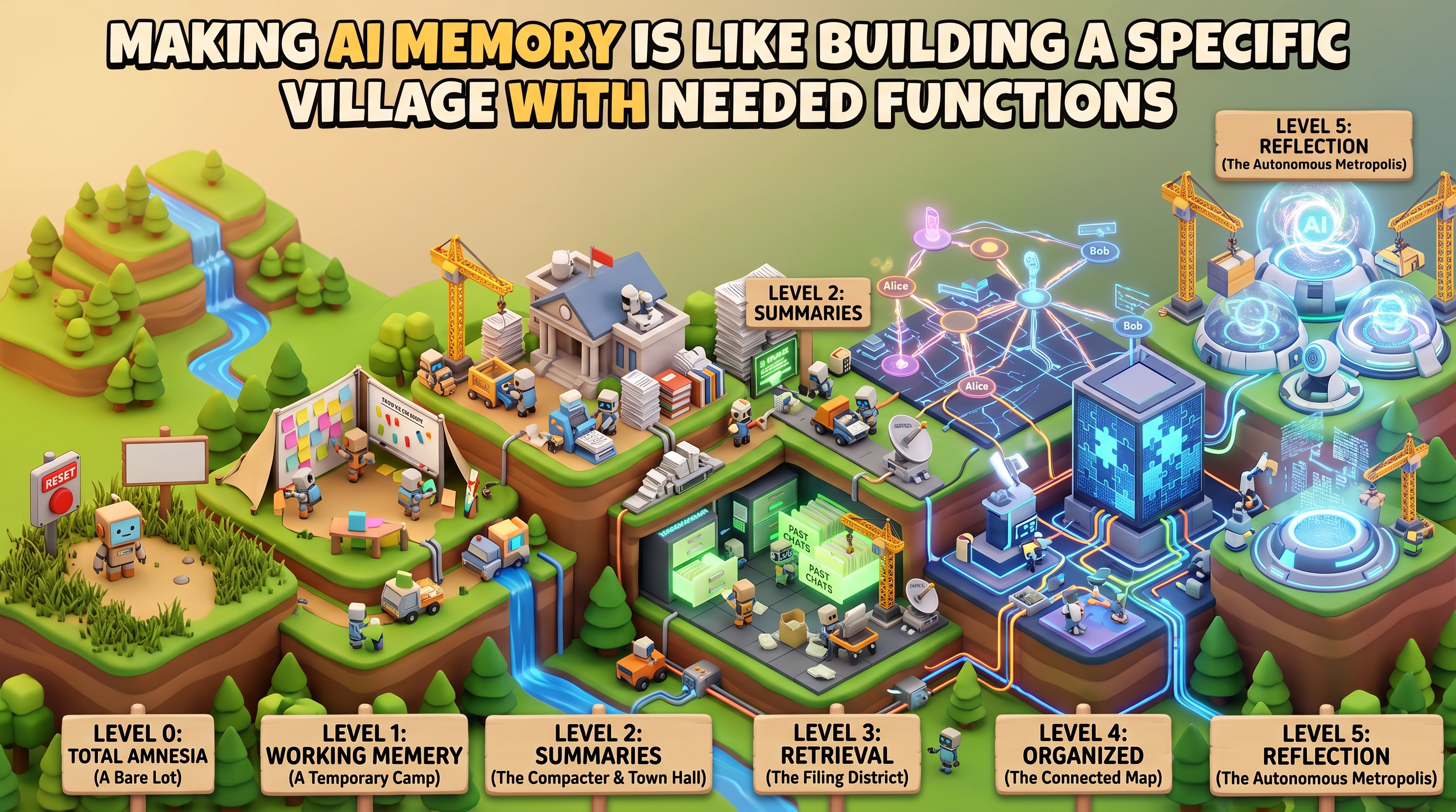 Agent memory shown as a village
